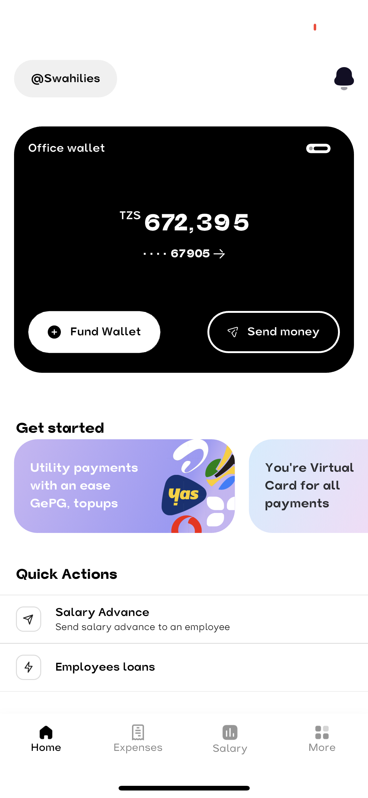 Daraja mobile app — Office Wallet, Quick Actions, Salary Advance